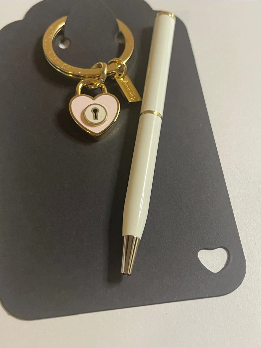 Coach Gold Heart Lock Keychain with Pink Enamel Accent and Coach Pen